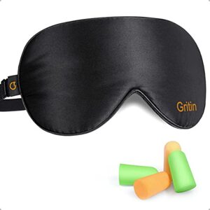 Schlafmaske, Gritin Augenmaske Nachtmaske Verstellbarem Gummiband 100% Hautfreundlich Seide Geruchneutral Schlafbrille mit Ohrstöpseln und Tragbare Tasche