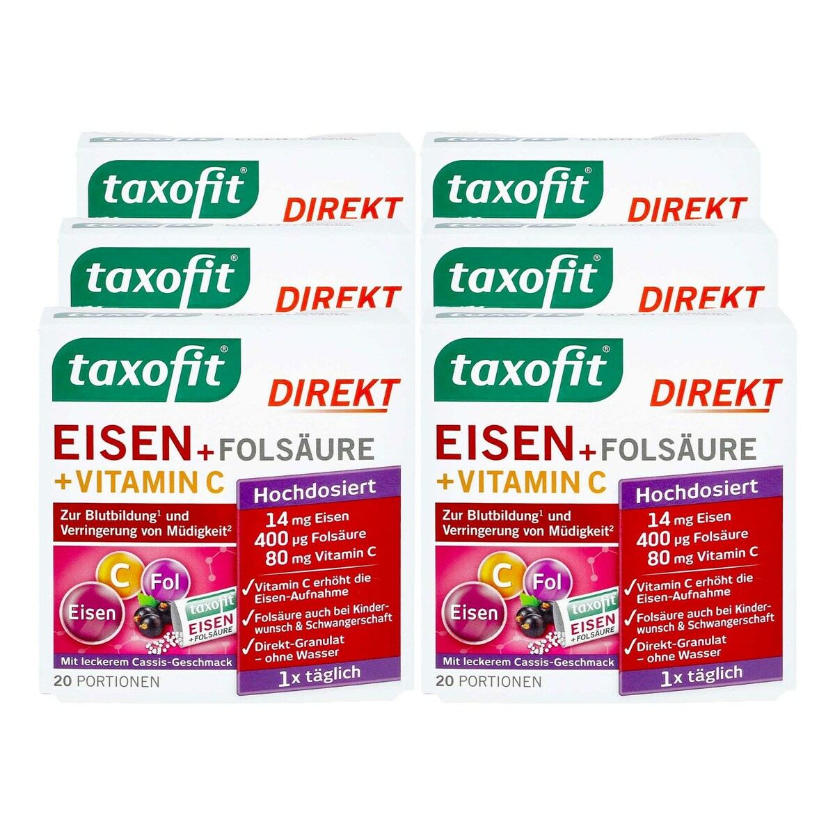 Bild 1 von taxofit Eisen+Folsäure+Vitamin C direkt Granulat 20 Stück 30 g, 6er Pack