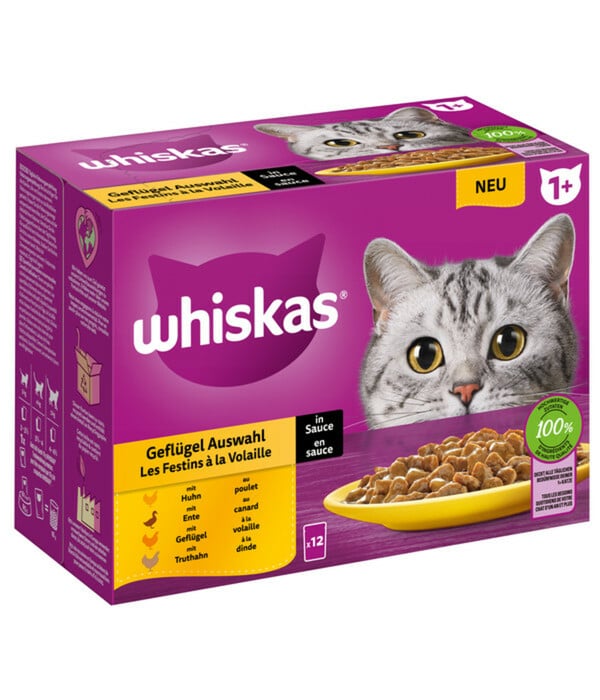 Bild 1 von Whiskas® Nassfutter für Katzen Multipack 1+, Geflügel Auswahl in Sauce, Adult, 12 x 85 g