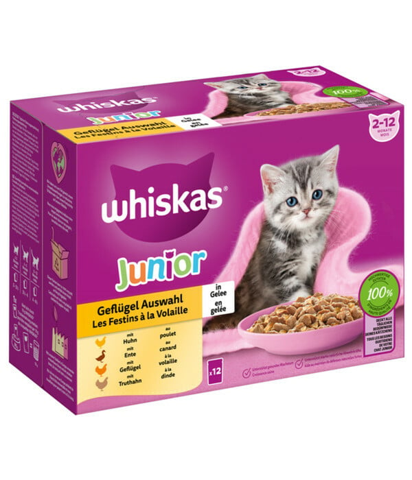 Bild 1 von Whiskas® Nassfutter für Katzen Multipack Geflügel Auswahl in Gelee, Junior, 12 x 85 g