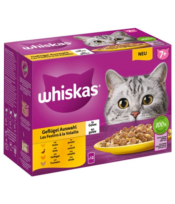 Bild 1 von Whiskas® Nassfutter für Katzen Multipack 7+ Geflügel Auswahl in Gelee, Senior, 12 x 85 g