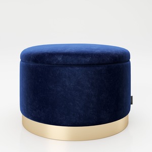 PLAYBOY - runder Pouf "SUE" gepolsterter Sitzhocker mit Stauraum, Samtstoff in Blau, Metallfuss in Goldoptik, Retro-Design