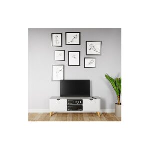 Scandi - TV-Möbel, Lowboard, Fernsehtisch mit 2 Türen mit Soft-Close und 2 offene Fächer, Massivholzfüsse, Scandi-Style