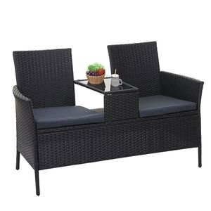 Poly-Rattan Sitzbank mit Tisch MCW-E24, Gartenbank Sitzgruppe Gartensofa, 132cm ~ schwarz, Kissen dunkelgrau
