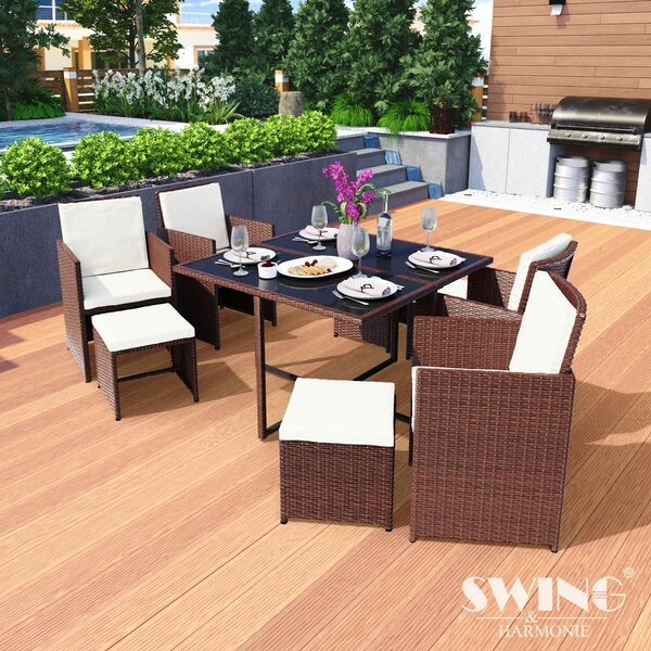 Bild 1 von Swing&Harmonie Garten-Essgruppe Poly Rattan Sitzgruppe Esstisch Lounge Gartenmöbel Sitzgarnitur Tisch, Stühle, Hocker Garnitur Set