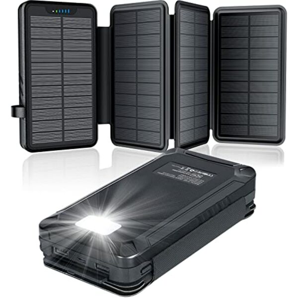 Bild 1 von Solar Powerbank 26800mAh, elzle Solar Ladegerät mit 2 USB-Ausgangsport & 1 USB-C-Eingangsport, Outdoor Wasserfester Externer Akku mit 4 Solarpanels und Taschenlampe Für Smartphones Tablets Camping