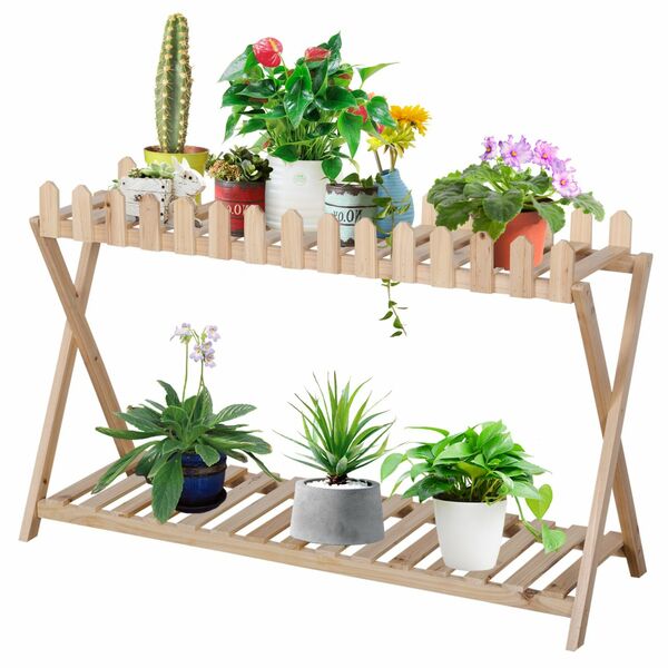 Bild 1 von Outsunny Blumenregal aus Holz 2-stufiger Pflanzenständer Blumenständer Natur innen draußen 108 x 37