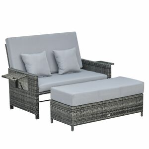 Outsunny Polyrattan Lounge-Sofa 2-Sitzer mit Kissen & Hocker Grau