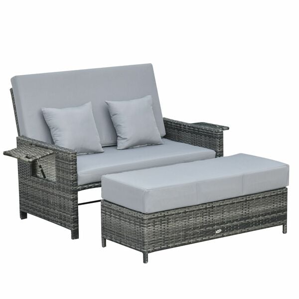 Bild 1 von Outsunny Polyrattan Lounge-Sofa 2-Sitzer mit Kissen & Hocker Grau