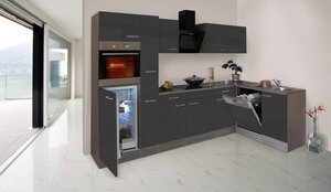 Respekta Küchenprogramm Eiche York Winkelküche 310 cm inkl. E-Geräte & Mineralite Einbauspüle, grau