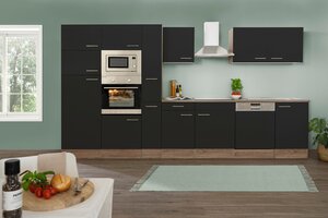 Respekta Küchenprogramm Eiche York Küchenzeile 370 cm inkl. E-Geräte & Mineralite Einbauspüle, schwarz