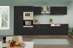 Respekta Küchenprogramm Eiche York Küchenzeile 340 cm inkl. E-Geräte & Mineralite Einbauspüle, schwarz