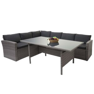 Poly-Rattan-Garnitur MCW-A29, Gartengarnitur Sitzgruppe Lounge-Esstisch-Set Sofa ~ grau, Kissen grau