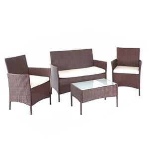 Poly-Rattan Garten-Garnitur MCW-D82, Sitzgruppe Lounge-Set ~ braun-meliert mit Kissen creme