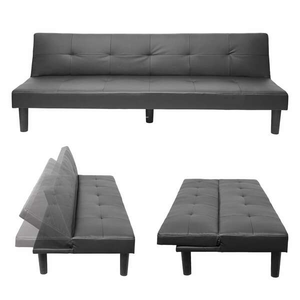 Bild 1 von 3er-Sofa MCW-G11, Couch Schlafsofa Gästebett Bettsofa Klappsofa, Schlaffunktion 195cm ~ Kunstleder, schwarz