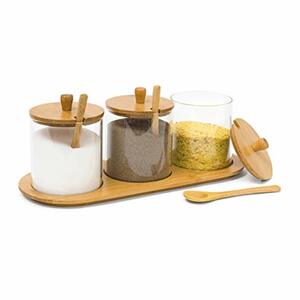 Relaxdays Gewürzgläser JIAO HBT: 12 x 31 x 12 cm Bambus Gewürzhalter für 3 Gewürzbehälter aus Glas mit passenden Löffeln als Alternative zu Gewürzständer und Gewürzregal für Küche und Ess