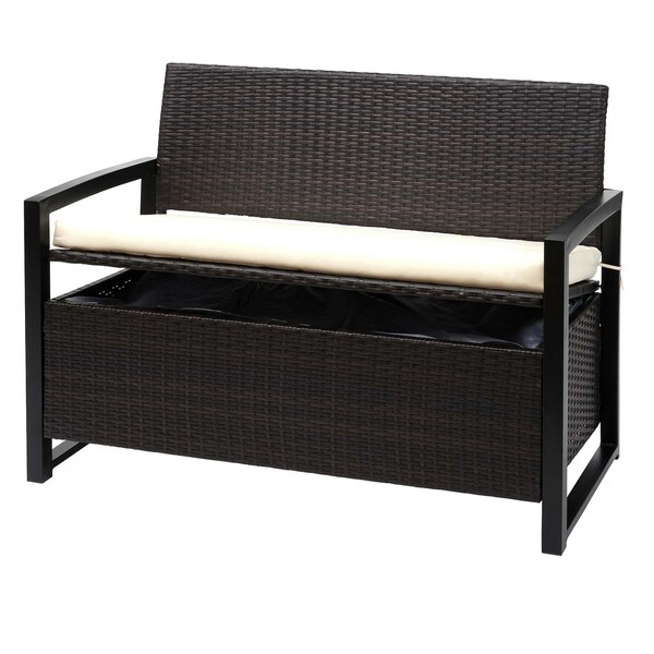 Bild 1 von Poly-Rattan 2er Sitzbank MCW-F39, Gartenbank Truhenbank, Staufach Aufbewahrung Sitzkissen ~ braun, Kissen creme