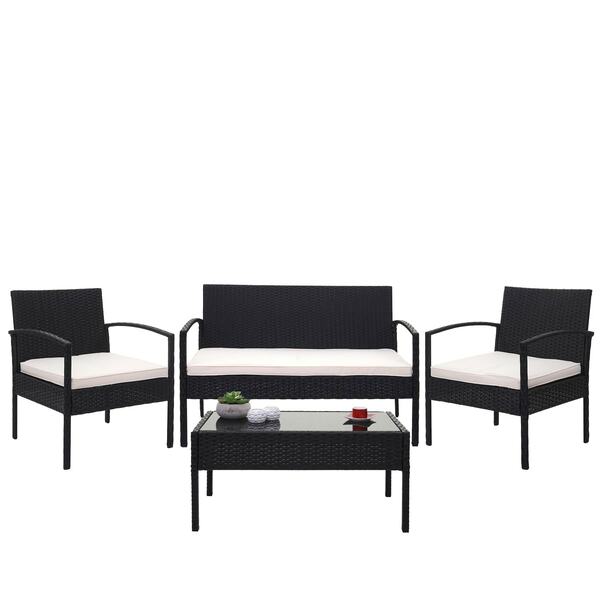 Bild 1 von Poly-Rattan Garnitur MCW-F56, Balkon-/Garten-/Lounge-Set Sitzgruppe ~ schwarz, Kissen creme