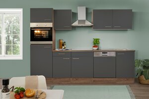 Respekta Küchenprogramm Eiche York Küchenzeile 280 cm inkl. E- Geräte & Mineralite Einbauspüle, grau
