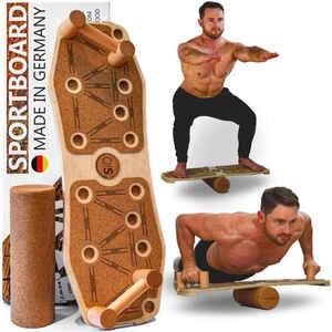 Original Sportboard Balance Board aus Echtholz mit Korkrolle und Fitnessband