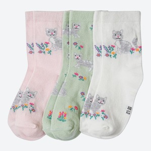 Mädchen-Socken mit Katzen und Blumen, 3er-Pack