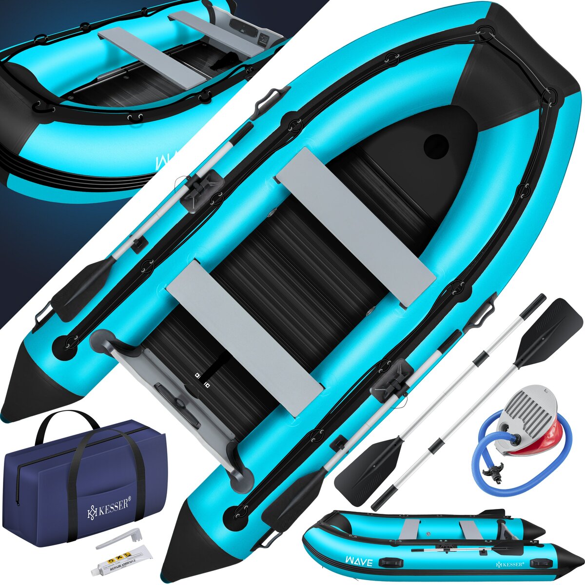 Bild 1 von KESSER® Schlauchboot 3,20 m für 4 Personen - WAVE Motor geeignet Freizeitboot Paddelboot Motorboot Angelboot - mit 2 Sitzbänken -  Alu-Boden Paddel  Pumpe Reparaturset & Tasche  aufblasbar PVC