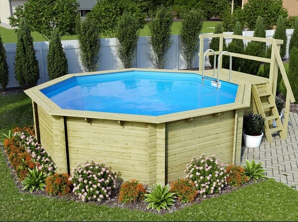 Bild 1 von Karibu   Achteck Massivholz Pool 428 x 428 x 124 cm Modell 2B   SET inkl. Sonnenterrasse 94,5 x 195 cm, Zubehör und Pool Leitern