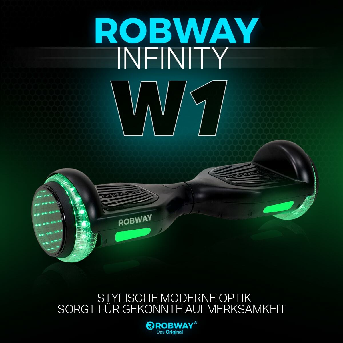 Bild 1 von ROBWAY W1 Hoverboard für Erwachsene und Kinder, 6,5 Zoll, Self-Balance, Bluetooth, App, 700 Watt, LEDs (Schwarz Matt Infinity RG1)