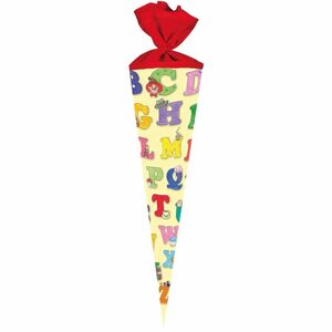 Nestler Schultüte ABC Alphabet, 70 cm, rund, mit rotem Filzverschluss, Zuckertüte für Schulanfang