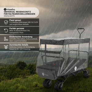 miweba Kinderwagen-Regenschutzhülle Faltbarer Bollerwagen MB-10 / MB-15 / MB-20 Regenschutz (Fenster für Lüftung, Be- und Entladung, Ein- und Ausstieg, inkl. Befestigung, 1-St., Regenschutzh