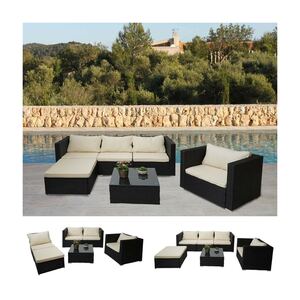 Poly-Rattan-Garnitur Busto, Gartengarnitur Sitzgruppe Sofa Lounge-Set ~ schwarz, Kissen creme