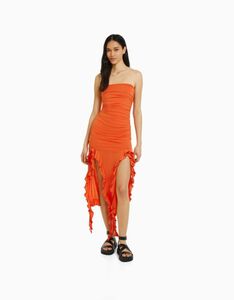 Bershka Langes Bandeau-Kleid Mit Volants Damen L Orange