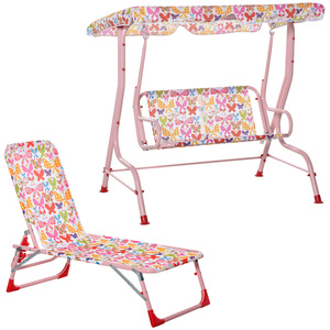 Outsunny Kindersitzgruppe mit Kinder Hollywoodschaukel, Verstellbare Kinderliege Kinderschaukel mit Sonnendach Gartenmöbel-Set für Kinder 2-Sitzer Gartenschaukel für 3-6 Jahre Metall Rosa