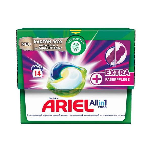 Bild 1 von Ariel All-in-1 PODs Color mit extra Faserpflege in Karton-Box 14 WL