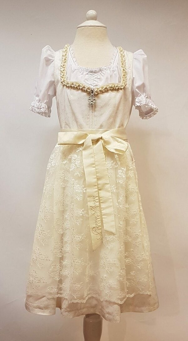 Bild 1 von Pezzo D'oro Dirndl Kommuniondirndl Farbe creme, Kommunionkleid mit Spitzenschürze, aus feinem Jacquard, leicht glänzend, Hochzeitsdirndl Mädchen