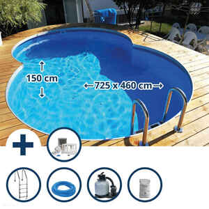 Stahlwandpool Set (10-teil) tief achtform 725x460x150cm, Stahl weiß Folie blau