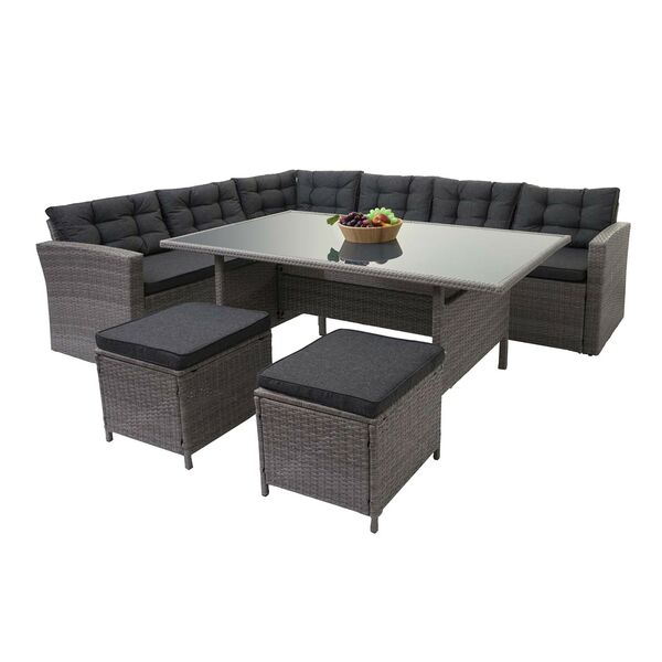 Bild 1 von Poly-Rattan-Garnitur MCW-A29, Gartengarnitur Sitzgruppe Lounge-Esstisch-Set Sofa ~ grau, Kissen grau + 2x Hocker