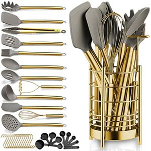 Berglander Gold Küchenutensilien Set, 38 teilig Antihaft Silikon Kochgeschirr Set, Löffel Spachtel Set mit stabilem Edelstahl Utensilienhalter, spülmaschinenfest