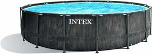Intex Unisex – Erwachsene Premium Frame Pool Set Prism Greywood Ø 457 x 122 cm, Dunkelgraue Holzoptik