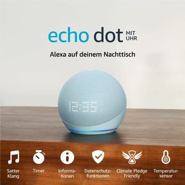 Bild 1 von Echo Dot (5. Gen, 2022) mit Uhr | Smarter Lautsprecher mit Uhr und Alexa | Graublau