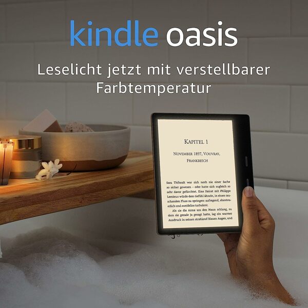 Bild 1 von Kindle Oasis, Leselicht mit verstellbarer Farbtemperatur, wasserfest, 8 GB, WLAN, Grafit, Zertifiziert und generalüberholt