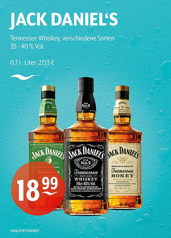Bild 1 von JACK DANIEL'S Tennessee Whiskey
verschiedene Sorten
35 - 40 % Vol.