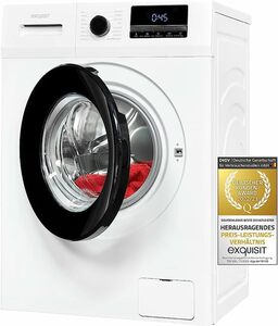 Exquisit Waschmaschine WA8014-340A weiss | Waschmaschine 8 kg | Energieeffizienz A | 16 Waschprogramme | Kindersicherung | Startzeitvorwahl [Energieklasse A]