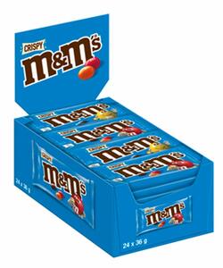 M&M'S Crispy Beutel, kleine Packungen für unterwegs, Schokolinsen mit Knusperkern, Schokolade Großpackung, 24er Pack (24 x 36g)