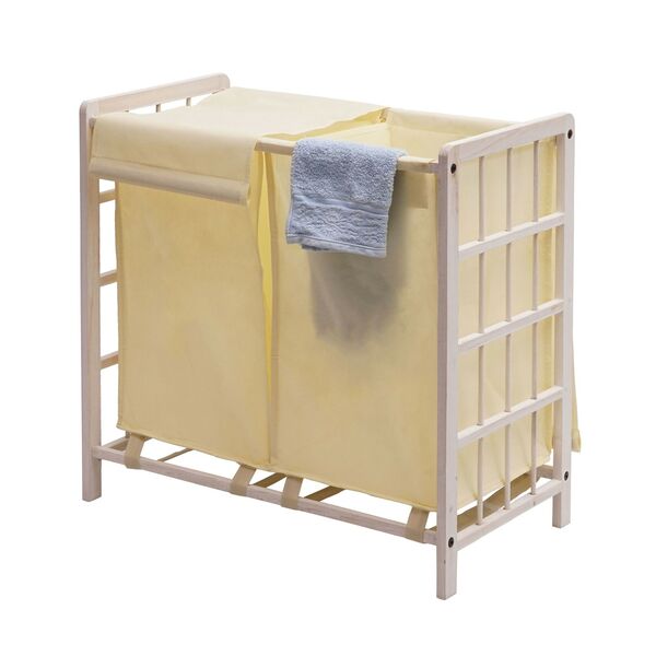 Bild 1 von Wäschesammler MCW-B60, Laundry Wäschebox Wäschekorb, Massiv-Holz 2 Fächer 60x60x33cm 68l ~ shabby weiß, Bezug creme