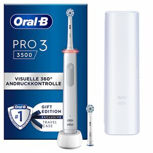 Oral-B PRO 3 3500 Elektrische Zahnbürste/Electric Toothbrush, 2 Aufsteckbürsten, mit 3 Putzmodi und visueller 360° Andruckkontrolle für Zahnpflege, Reiseetui, Geschenk Mann/Frau, weiß