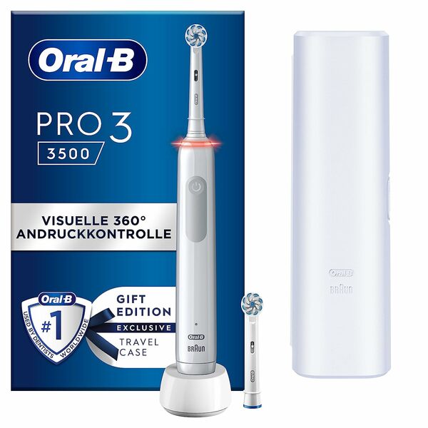 Bild 1 von Oral-B PRO 3 3500 Elektrische Zahnbürste/Electric Toothbrush, 2 Aufsteckbürsten, mit 3 Putzmodi und visueller 360° Andruckkontrolle für Zahnpflege, Reiseetui, Geschenk Mann/Frau, weiß