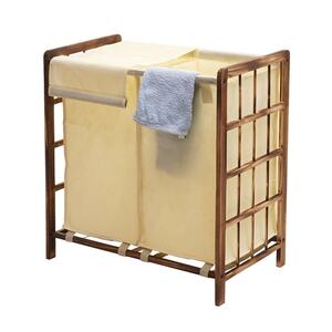 Wäschesammler MCW-B60, Laundry Wäschebox Wäschekorb, Massiv-Holz 2 Fächer 60x60x33cm 68l ~ braun, Bezug creme