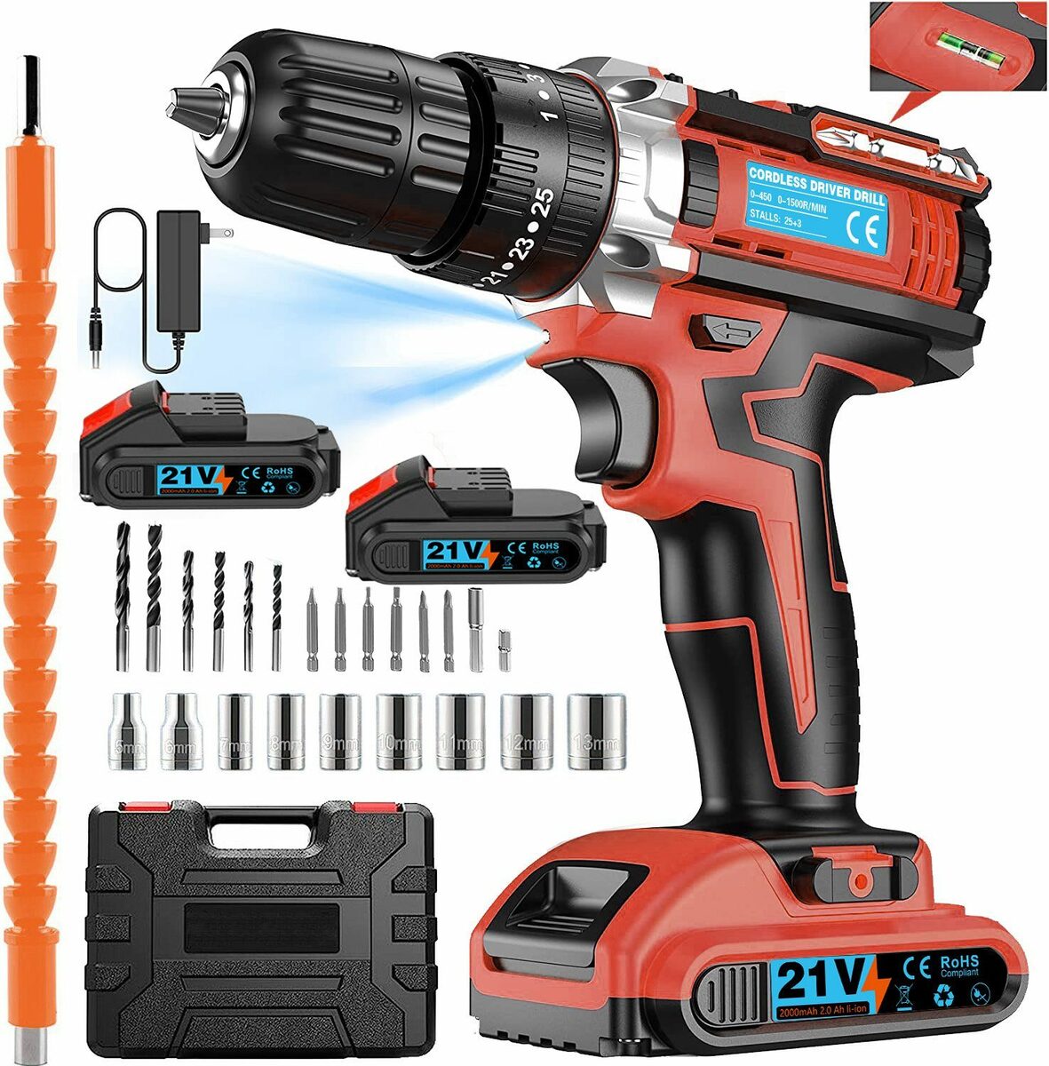 Bild 1 von EUARY Akku-Schraubendreher Akkuschrauber Set 21V Bohrmaschinen Schlagbohrschrauber Bohrschrauber, 1200,00 U/min, (Drehmoment, 2-Gang, 45 Drehmoment), Universal Drill zwei 21 V Batterien, 1200U/m