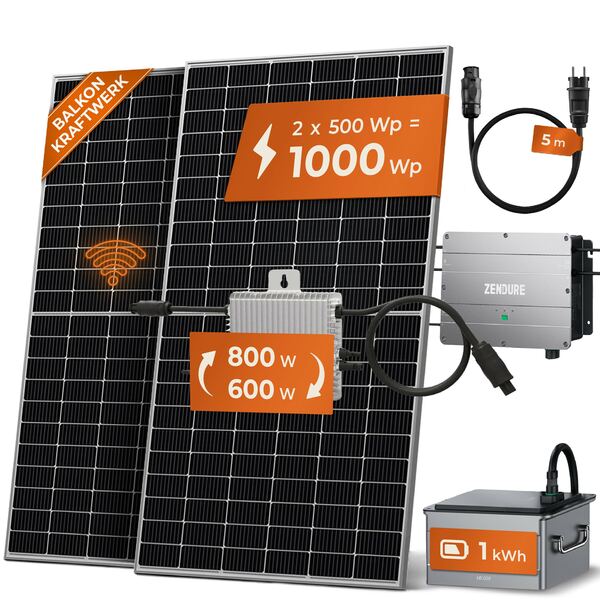 Bild 1 von Solarway Balkonkraftwerk 1000W + 1 kWh Speicher Komplett Set, 600/800W Ausgang einstellbar, JaSolar, Zendure & Deye +APP